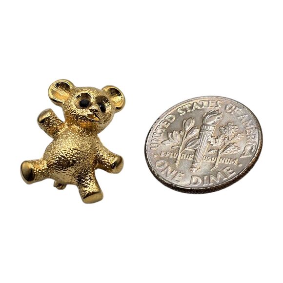 Cute Monet Bear Brooch Pin Minimalist Black Rhinestones Shiny Gold Tone Vintage - Picture 3 of 4